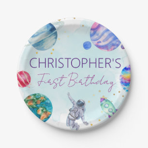 Boy Astronaut Gold Blue Rocket Ship Planet Pappteller