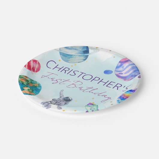 Boy Astronaut Gold Blue Rocket Ship Planet Pappteller (Schrägansicht)