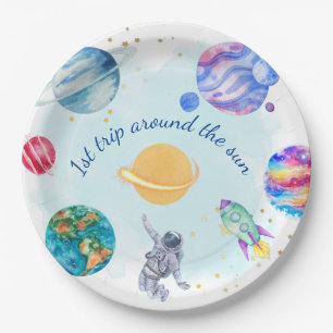 Boy Astronaut Gold Blue Rocket Ship Planet Pappteller
