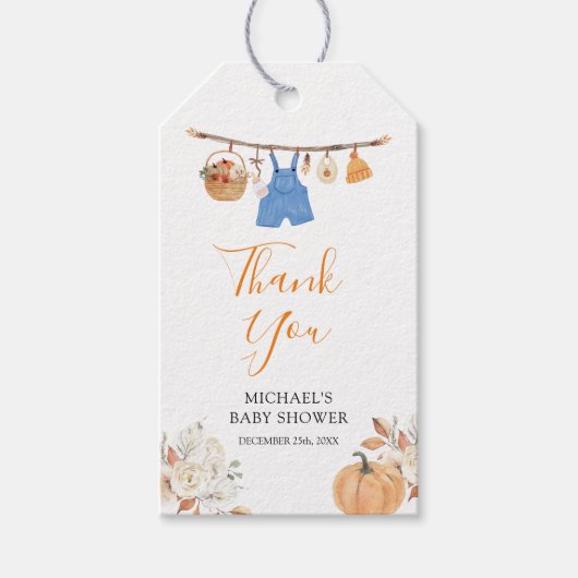 Boy Autumn Clothes Pumpkin Fall Baby Showdusche Geschenkanhänger (Vorderseite)