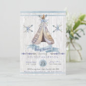 Boy Baby Blue Dusche Boho Chic Teepee & Arrows Einladung (Stehend Vorderseite)