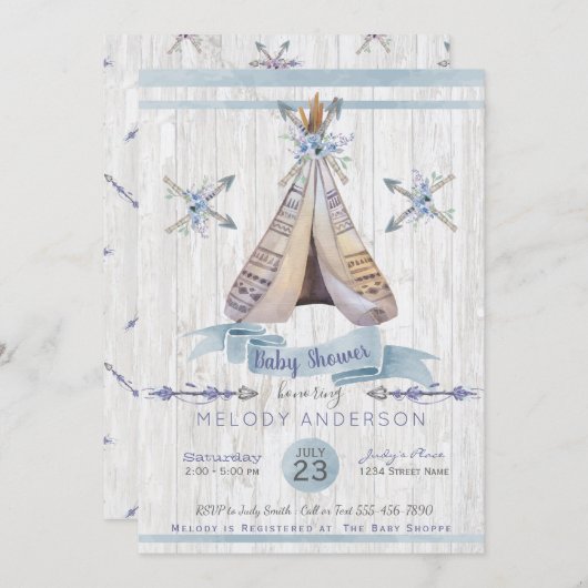 Boy Baby Blue Dusche Boho Chic Teepee & Arrows Einladung (Vorne/Hinten)