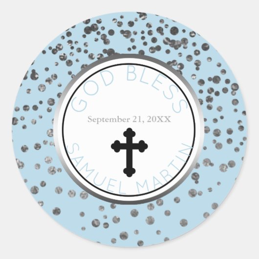 Boy Baby Blue Silver Personalisierte religiöse Gef Runder Aufkleber (Vorderseite)