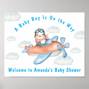 Boy Baby Dusche Airplane Blue Pinguin Poster