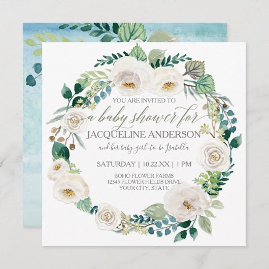 Boy Baby Dusche Blau n White Roses Leaf Wreath Einladung (Vorne/Hinten)