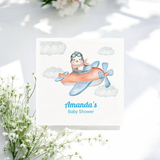 Boy Baby Dusche Blue Airplane Pinguin Paper Napkin Serviette