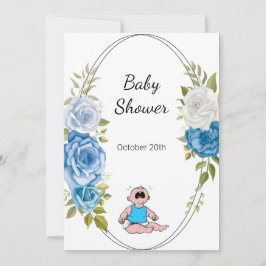Boy Baby Dusche Party Blau Blumen Weiß Einladung