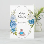 Boy Baby Dusche Party Blau Blumen Weiß Einladung (Stehend Vorderseite)