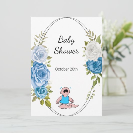 Boy Baby Dusche Party Blau Blumen Weiß Einladung (Stehend Vorderseite)
