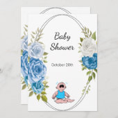 Boy Baby Dusche Party Blau Blumen Weiß Einladung (Vorne/Hinten)