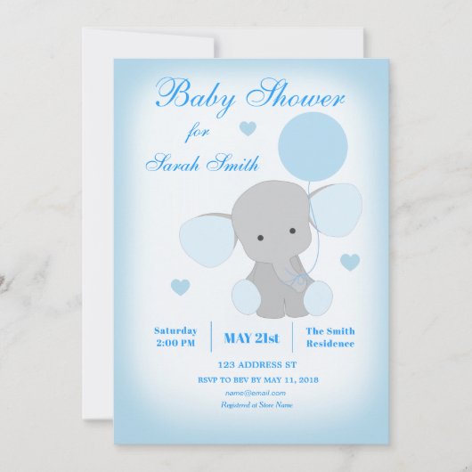 Boy Baby Duwer Blue Elephant Einladung (Vorderseite)
