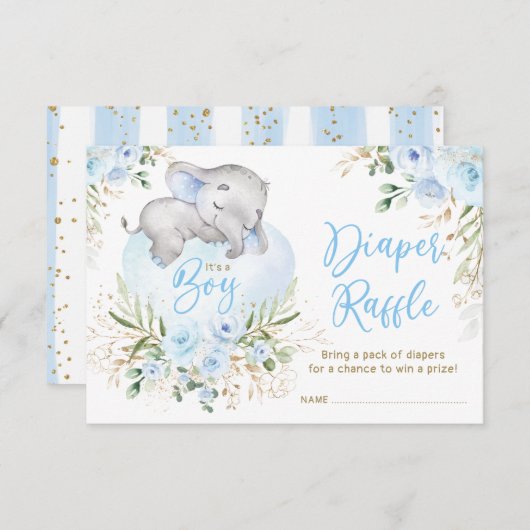 Boy Baby Elephant Blue Rose Diaper Raffle Begleitkarte (Vorne/Hinten)