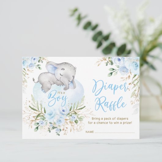 Boy Baby Elephant Blue Rose Diaper Raffle Begleitkarte (Stehend Vorderseite)