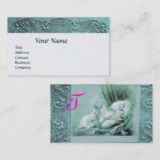 BOY BABY SHOWER ANTIQUE BLUE FLORAL MONOGRAM VISITENKARTE (Vorne/Hinten)