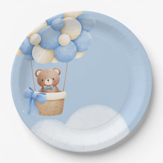 Boy Baby Shower Bear Balloon Paper Plate Pappteller (Vorderseite)
