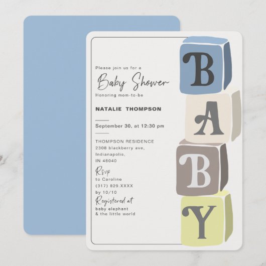 Boy Baby Shower Blocks Blue Einladung (Vorne/Hinten)