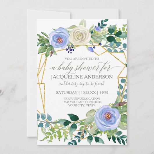 Boy Baby Shower Blue n White Roses Geometric Frame Einladung (Vorderseite)