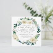 Boy Baby Shower Blue n White Roses Leaf Wreath Einladung (Stehend Vorderseite)