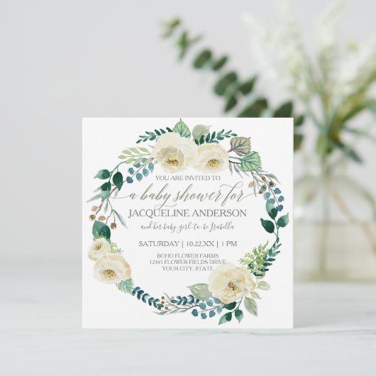 Boy Baby Shower Blue n White Roses Leaf Wreath Einladung (Stehend Vorderseite)