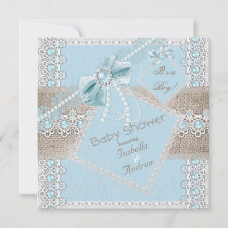 Boy Baby Shower Blue Pearl Bow Lace Vintag 2 Einladung