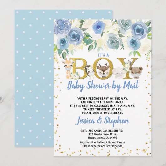 Boy Baby Shower by Mail pandemische Holztiere Einladung (Vorne/Hinten)