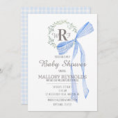 Boy Baby Shower Einladung Monogram & Gingham Bow (Vorne/Hinten)