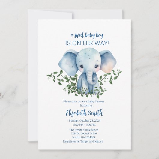 Boy Baby Shower Einladung Vorlage Elephant (Vorderseite)