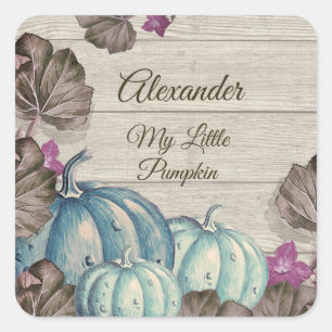 Boy Baby Shower Gray Wood Autumn Blue Pumpkin Quadratischer Aufkleber
