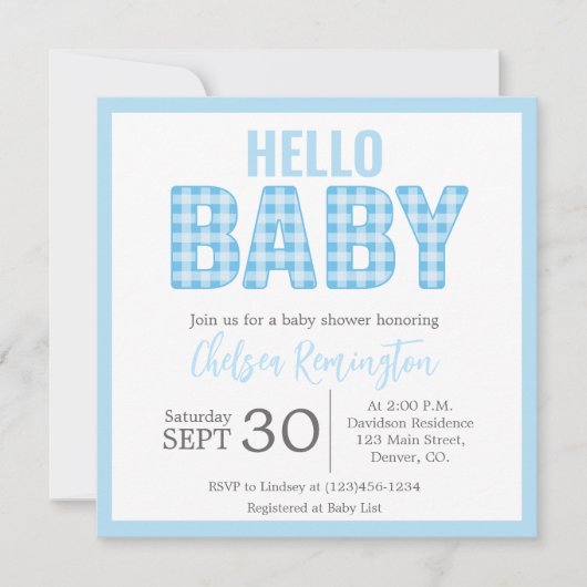 Boy Baby Shower Invitation - Blue Gingham Einladung (Vorderseite)