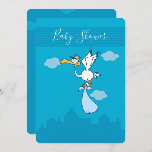 Boy Baby Shower niedlich Stork Cartoon Einladung (Vorne/Hinten)