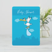 Boy Baby Shower niedlich Stork Cartoon Einladung (Stehend Vorderseite)