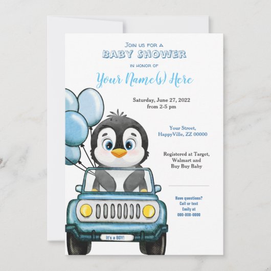 Boy Baby Shower Pinguin im Auto Einladung (Vorderseite)