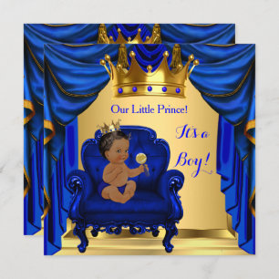 Boy Baby Shower Prince Royal Blue Gold Dark Skin Einladung