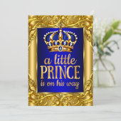 Boy Baby Shower Royal Prince Blue Gold Einladung (Stehend Vorderseite)