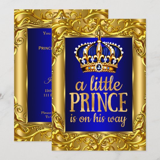 Boy Baby Shower Royal Prince Blue Gold Einladung (Vorne/Hinten)