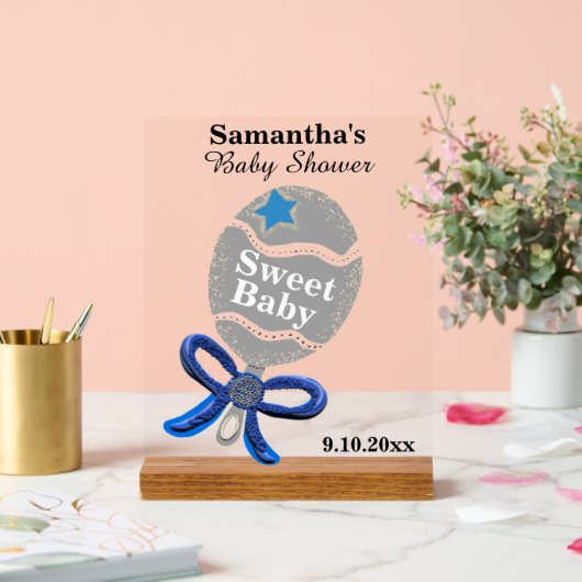 Boy Baby Shower Silver Blue Rattle Acrylschild (Hochzeit)