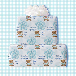 Boy Baby Shower Teddy Bear Blue Balloons Name Geschenkpapier