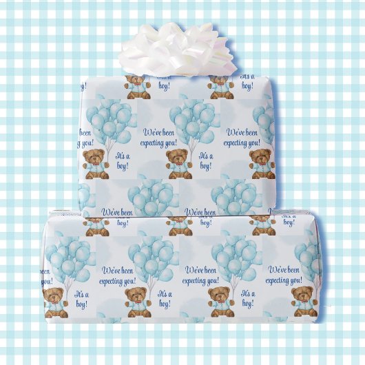 Boy Baby Shower Teddy Bear Blue Balloons Name Geschenkpapier