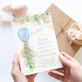 Boy Balloon Eucalyptus Gold Glitzer Baby Showroom Einladung
