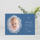 Boy Baptisc Foto Classic Blue Gray Blumenreath Dankeskarte (Stehend Vorderseite)