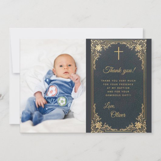 Boy Baptisk Blue Gold Foto Vintag Dankeskarte (Vorderseite)