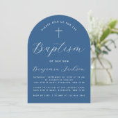 Boy Baptism Arch Classic Blue White Script & Cross Einladung (Stehend Vorderseite)