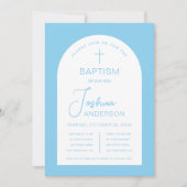 Boy Baptism Baby Blue White Arch Script religiös Einladung (Vorderseite)