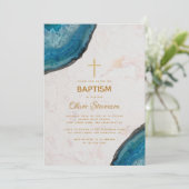 Boy Baptism Blue Agate Geode Marble Gold Cross Einladung (Stehend Vorderseite)