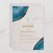 Boy Baptism Blue Agate Geode Marble Gold Cross Einladung (Vorne/Hinten)