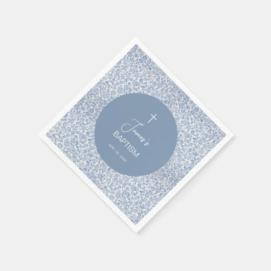 Boy Baptism Blue and White Floral Pattern Elegant Serviette (Ecke)