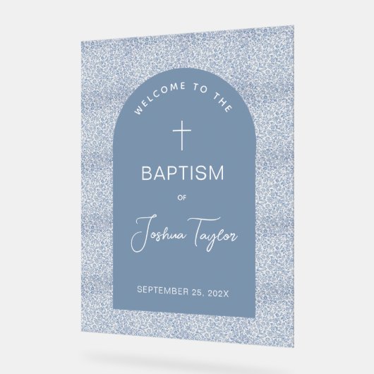 Boy Baptism Blue Arch Floral Pattern Cross Welcome Acrylschild (Winkel)