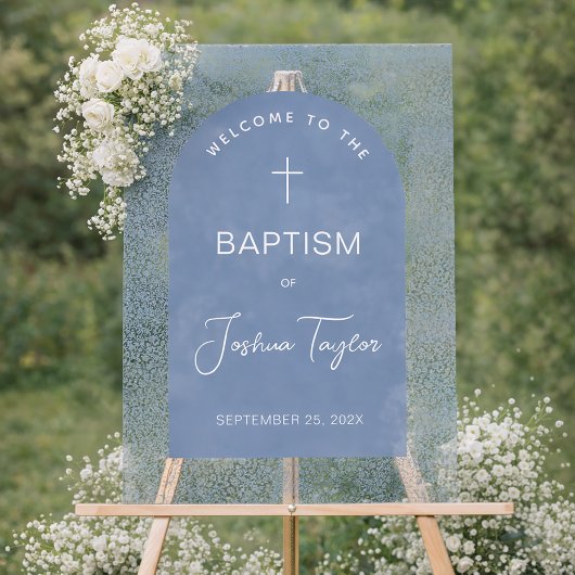 Boy Baptism Blue Arch Floral Pattern Cross Welcome Acrylschild