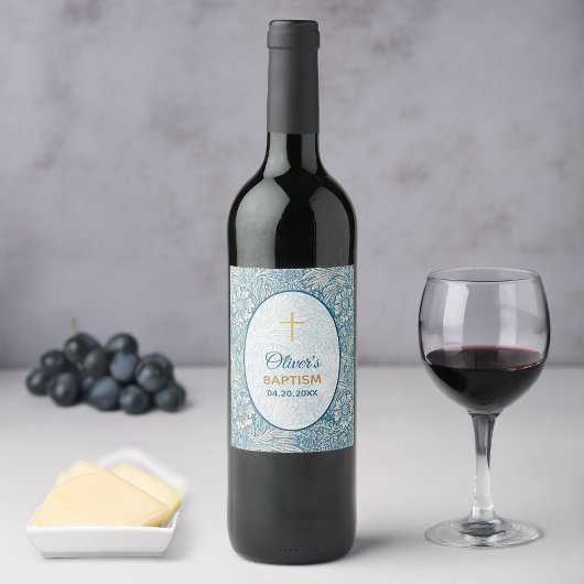 Boy Baptism Blue Floral Marigold William Morris Weinetikett