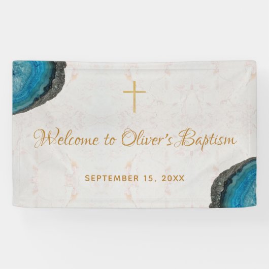 Boy Baptism Blue Geode Agate Marble Script willkom Banner (Horizontal)